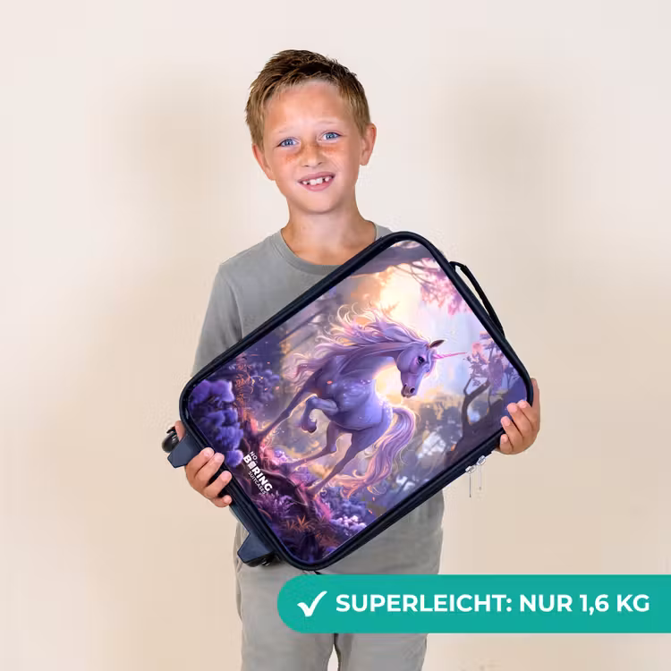 Portret van een Eenhoorn tussen Paarse Bloemen Kinderkoffer - Zwart klein -sfeer4_DE