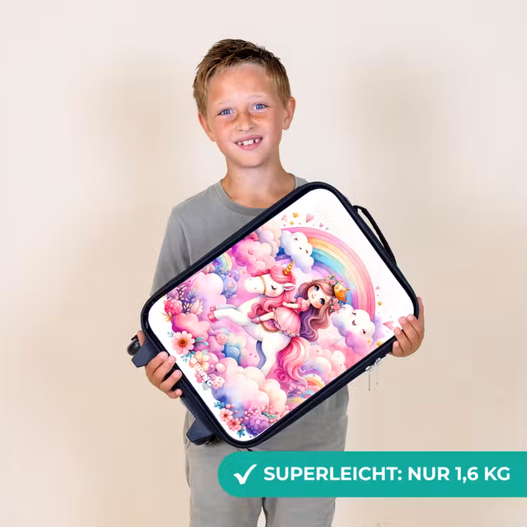 Prinses op een eenhoorn bij een regenboog Kinderkoffer - Zwart klein -sfeer4_DE