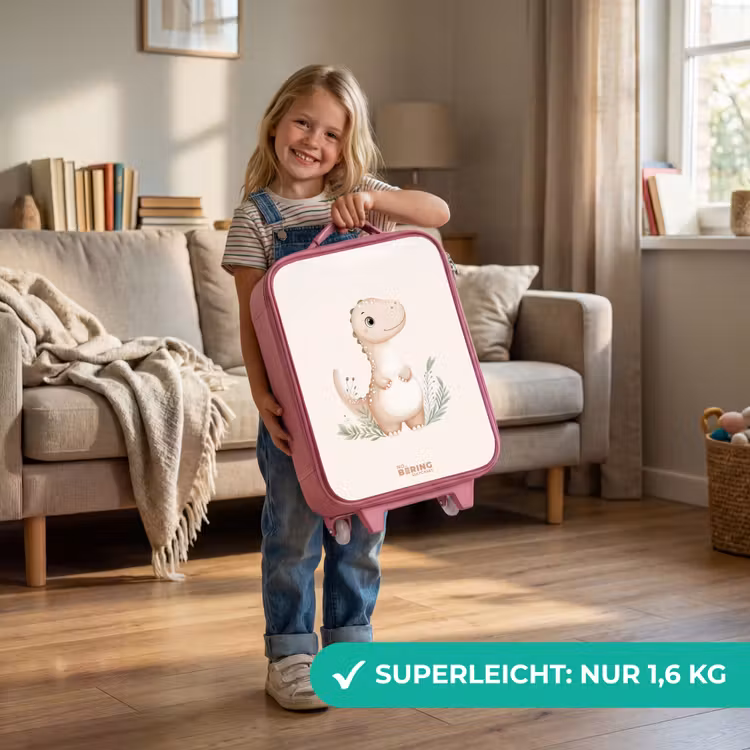 Beige dinosaurus met groene blaadjes Kinderkoffer - Roze klein -sfeer2_DE
