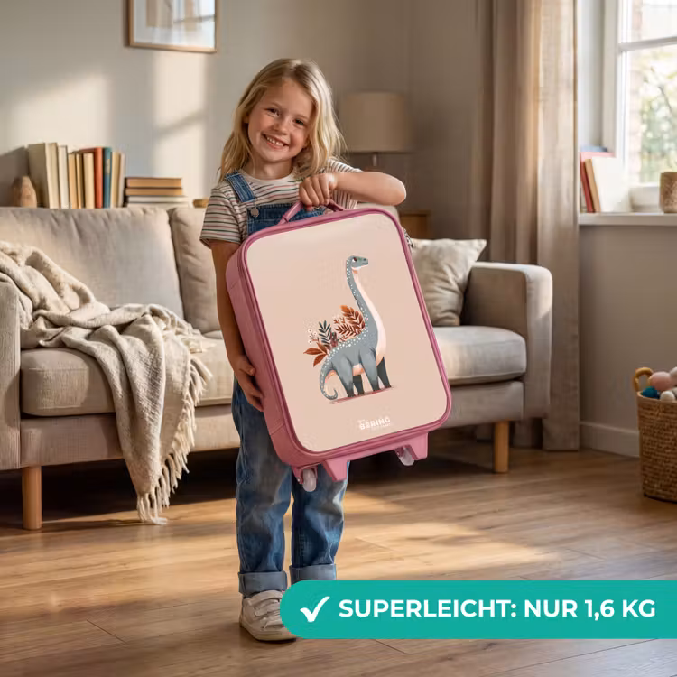Blauwe dinosaurus op een beige achtergrond Kinderkoffer - Roze klein -sfeer2_DE
