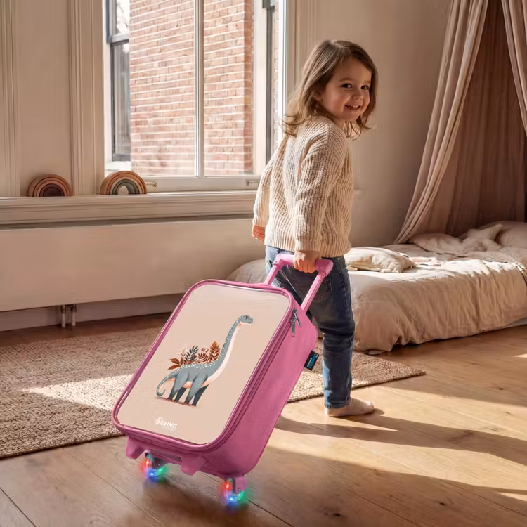 Blauwe dinosaurus op een beige achtergrond Kinderkoffer - Roze klein -sfeer1