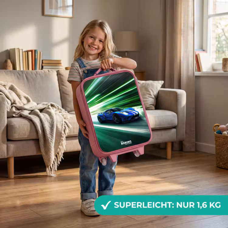 Blauwe raceauto met strepen in groene tunnel Kinderkoffer - Roze klein -sfeer2_DE