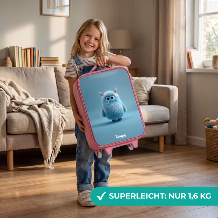 Blauw pluizig monster met hoorns Kinderkoffer - Roze klein -sfeer2_DE