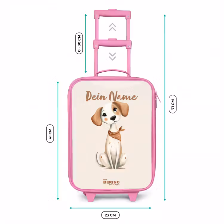 Bruin gevlekte pup op een beige achtergrond Kinderkoffer - Roze klein -productfoto_formaten