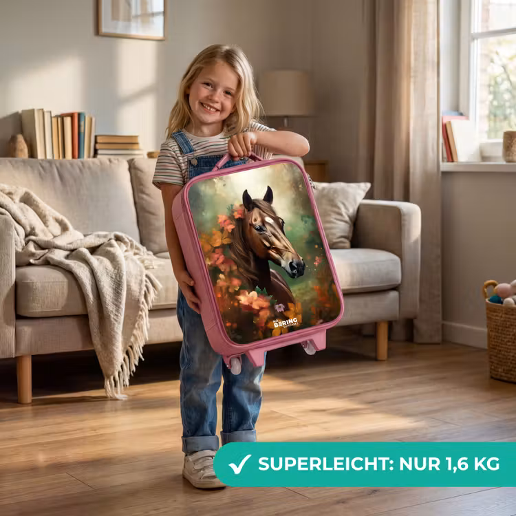Bruin paard tussen de bloemen Kinderkoffer - Roze klein -sfeer2_DE