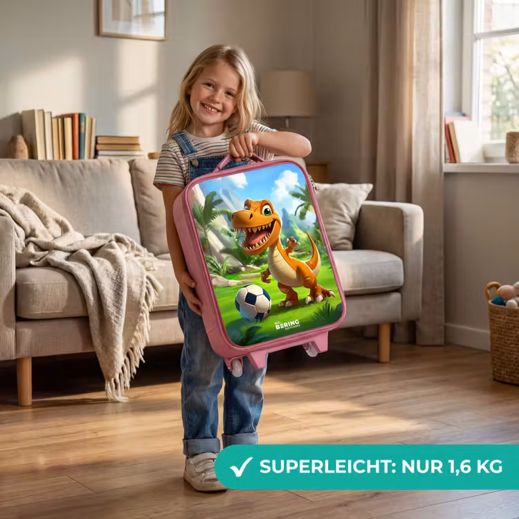 Dino met een voetbal in groen landschap Kinderkoffer - Roze klein -sfeer2_DE