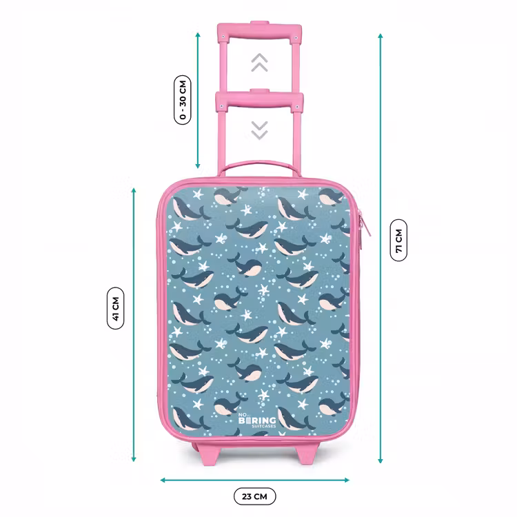 Donkerblauw walvissenpatroon met zeesterren Kinderkoffer - Roze klein -productfoto_formaten
