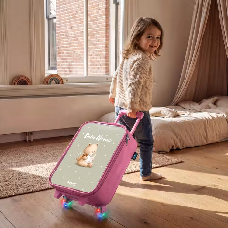 Een bruine beer die een boek leest - Groen Kinderkoffer - Roze klein -sfeer1