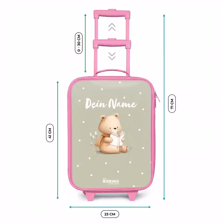 Een bruine beer die een boek leest - Groen Kinderkoffer - Roze klein -productfoto_formaten