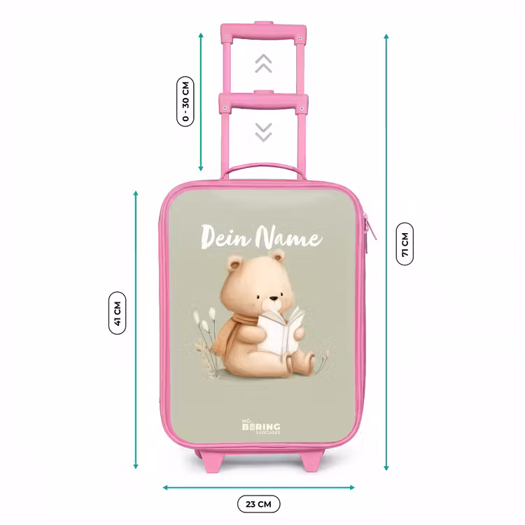 Een bruine beer met een boek - Groen Kinderkoffer - Roze klein -productfoto_formaten