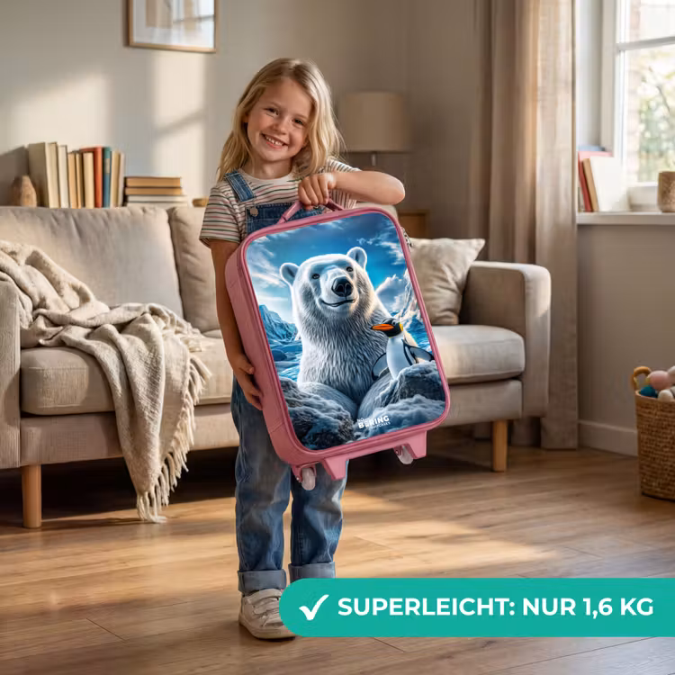 IJsbeer en pinguïn in besneeuwd berglandschap Kinderkoffer - Roze klein -sfeer2_DE