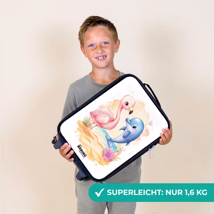 Roze flamingo en blauwe dolfijn op een strand Kinderkoffer - Zwart klein -sfeer4_DE