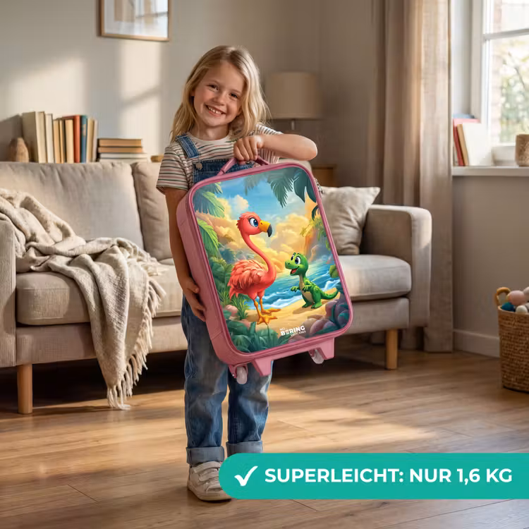 Flamingo en dinosaurus op strand bij ondergaande zon Kinderkoffer - Roze klein -sfeer2_DE