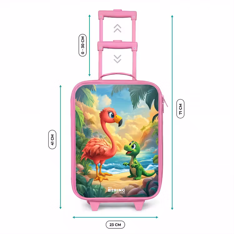 Flamingo en dinosaurus op strand bij ondergaande zon Kinderkoffer - Roze klein -productfoto_formaten