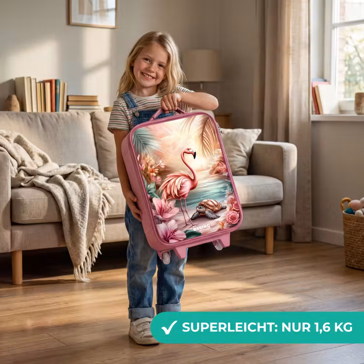 Flamingo en schildpad op een roze strand. Kinderkoffer - Roze klein -sfeer2_DE