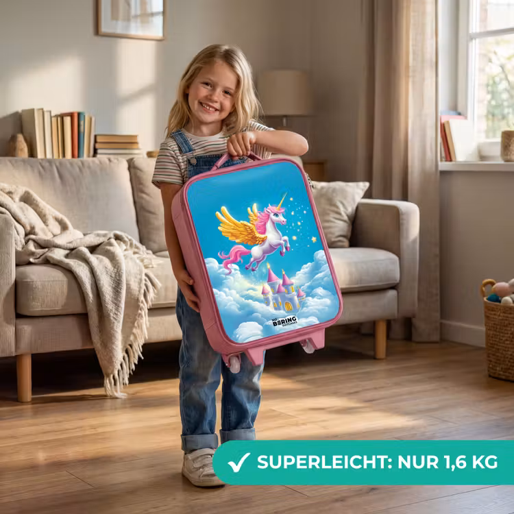 Vliegende eenhoorn met gouden vleugels boven kasteel Kinderkoffer - Roze klein -sfeer2_DE