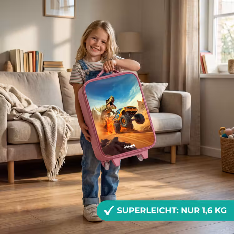 Vluchtende truck voor T-Rex in vurige woestijn Kinderkoffer - Roze klein -sfeer2_DE