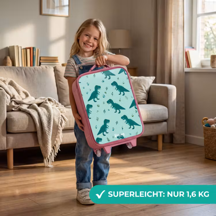 Vriendelijke T. rex tussen sporen Kinderkoffer - Roze klein -sfeer2_DE