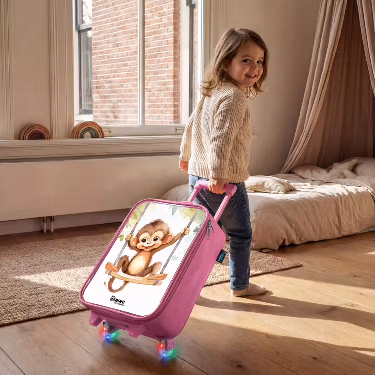 Vrolijk aapje op een schommel illustratie Kinderkoffer - Roze klein -sfeer1