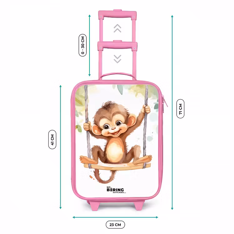 Vrolijk aapje op een schommel illustratie Kinderkoffer - Roze klein -productfoto_formaten
