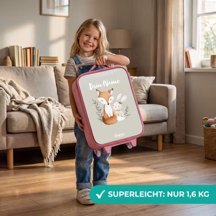 Vos en konijn omringd door groene blaadjes Kinderkoffer - Roze klein -sfeer2_DE