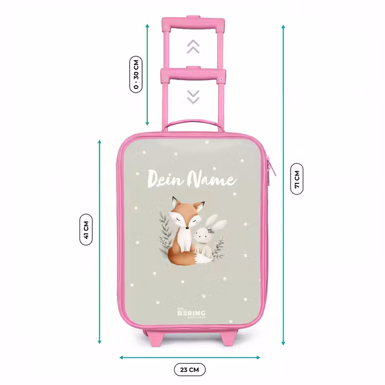 Vos en konijn omringd door groene blaadjes en stippen Kinderkoffer - Roze klein -productfoto_formaten