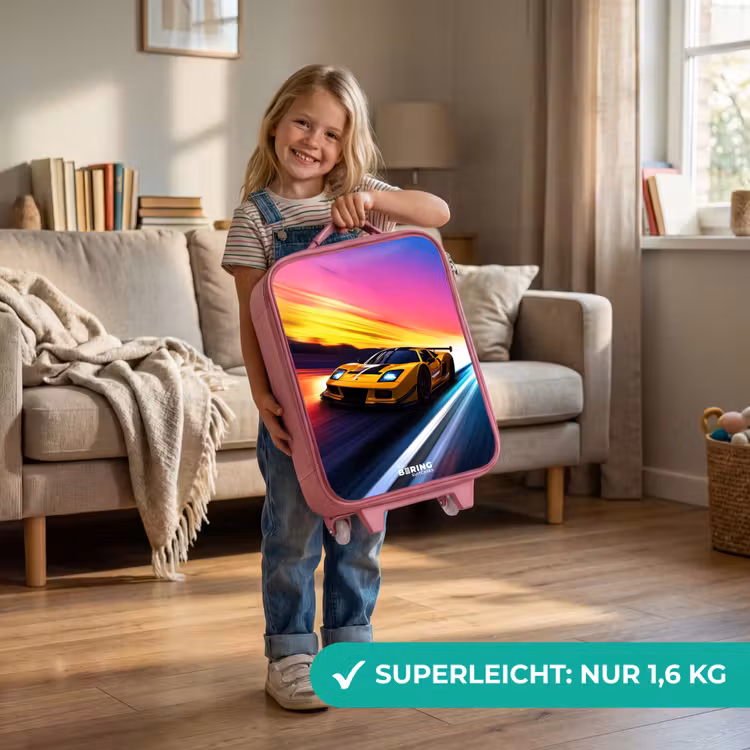 Gele raceauto bij kleurrijke zonsondergang Kinderkoffer - Roze klein -sfeer2_DE
