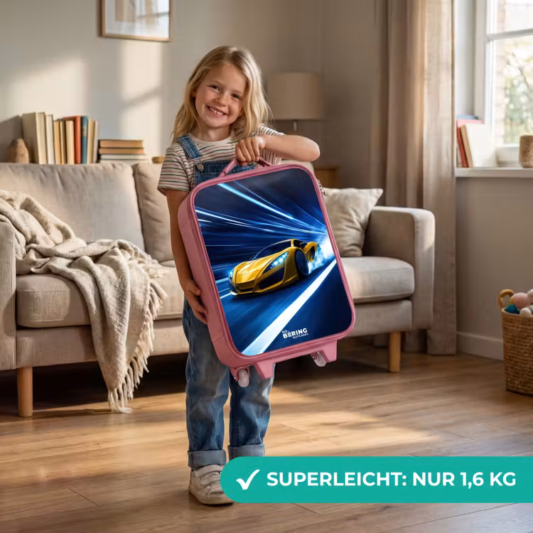 Gele sportwagen in lichttunnel van snelheid Kinderkoffer - Roze klein -sfeer2_DE