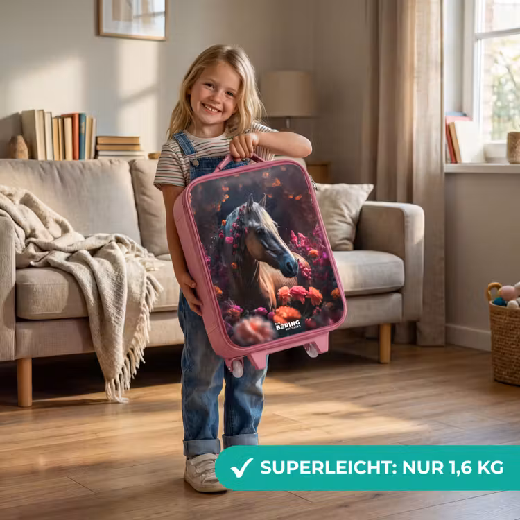 Goudbruin paard tussen de bloemen Kinderkoffer - Roze klein -sfeer2_DE