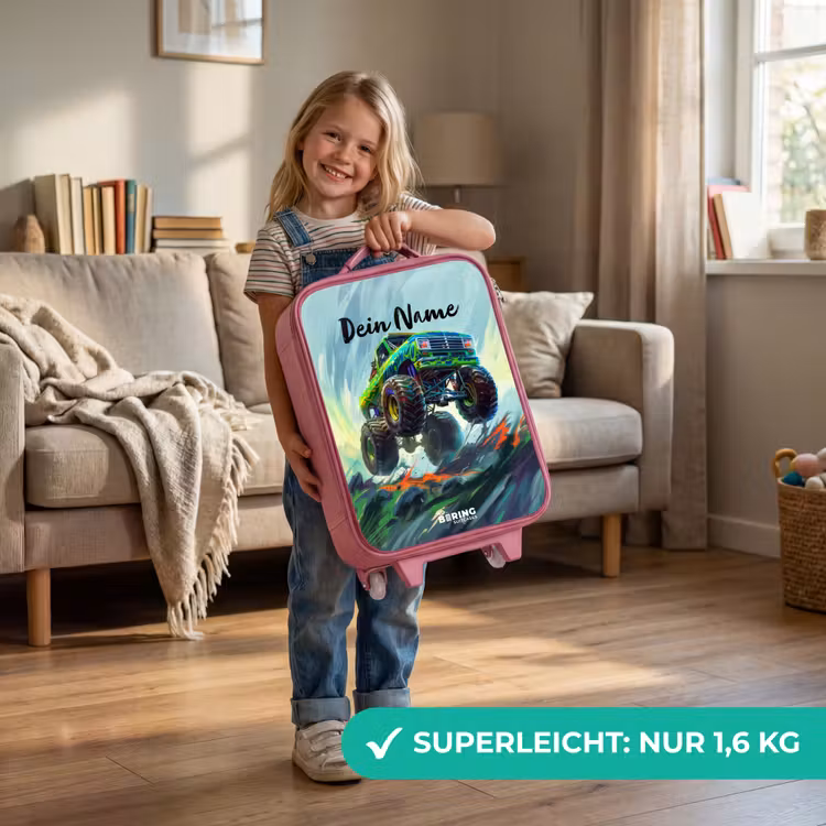 Groene Monstertruck met Penseelstreken Kinderkoffer - Roze klein -sfeer2_DE