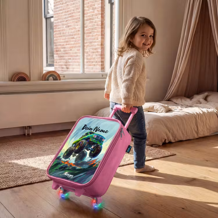Groene Monstertruck met Penseelstreken Kinderkoffer - Roze klein -sfeer1