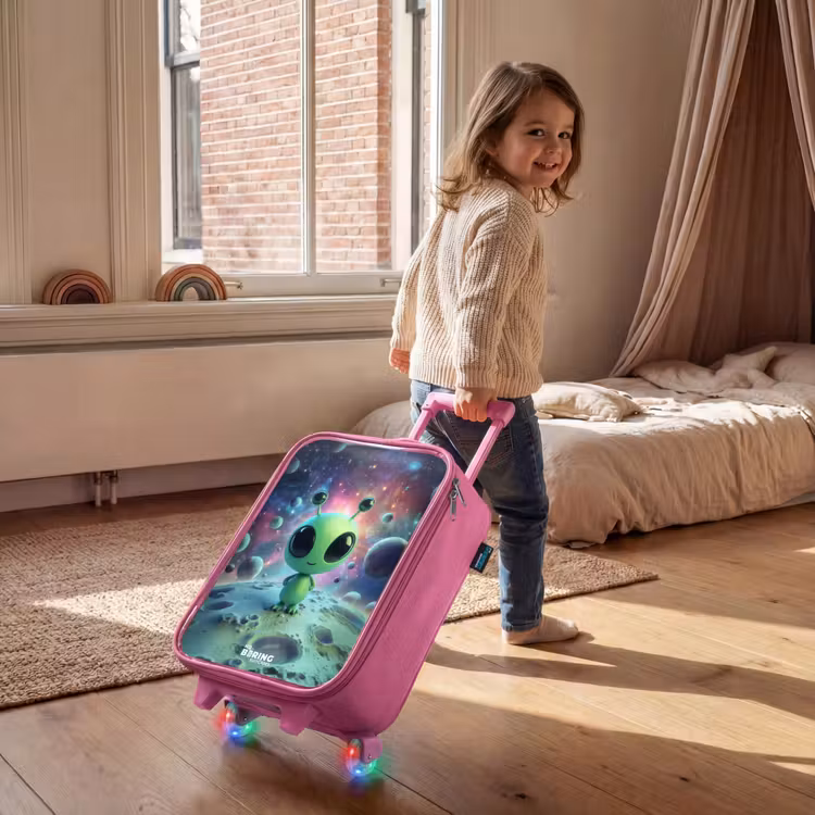 Groen buitenaards wezentje op maanlandschap Kinderkoffer - Roze klein -sfeer1