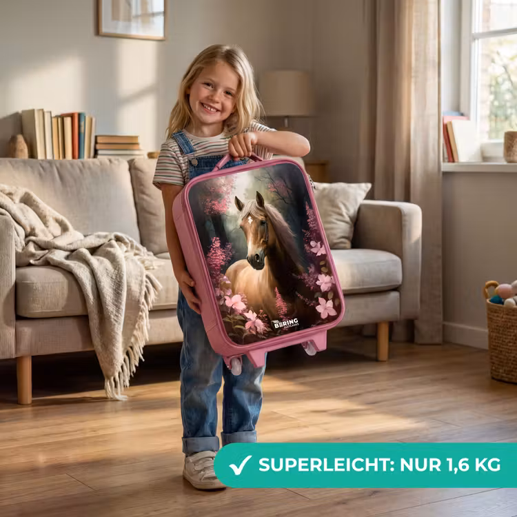 Lichtbruin paard tussen de roze bloemen Kinderkoffer - Roze klein -sfeer2_DE