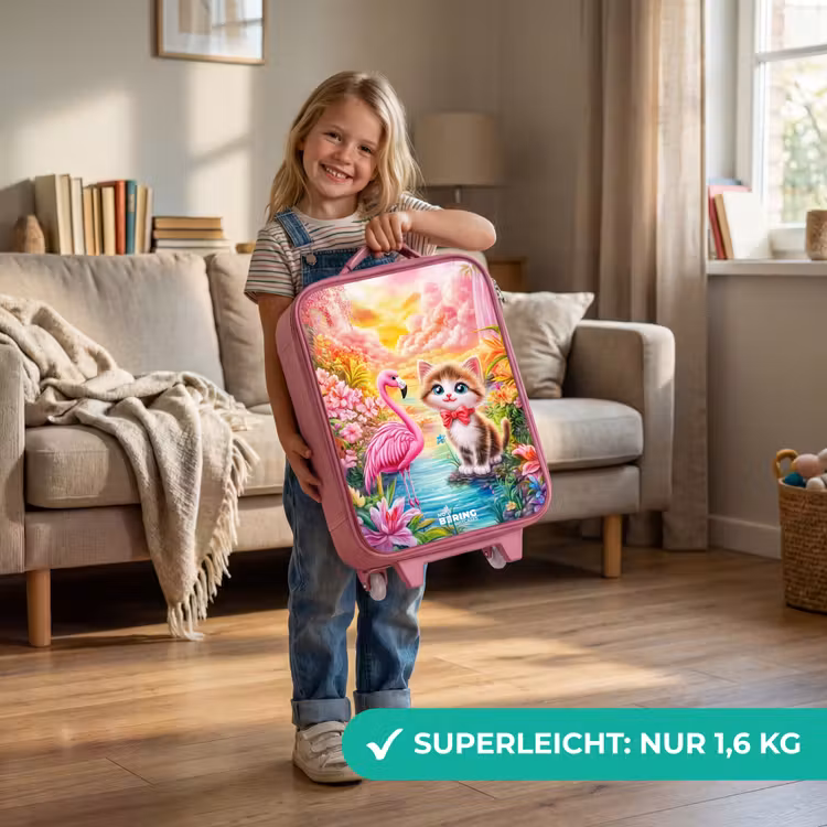 Kitten met flamingo in tropisch bloemenparadijs Kinderkoffer - Roze klein -sfeer2_DE