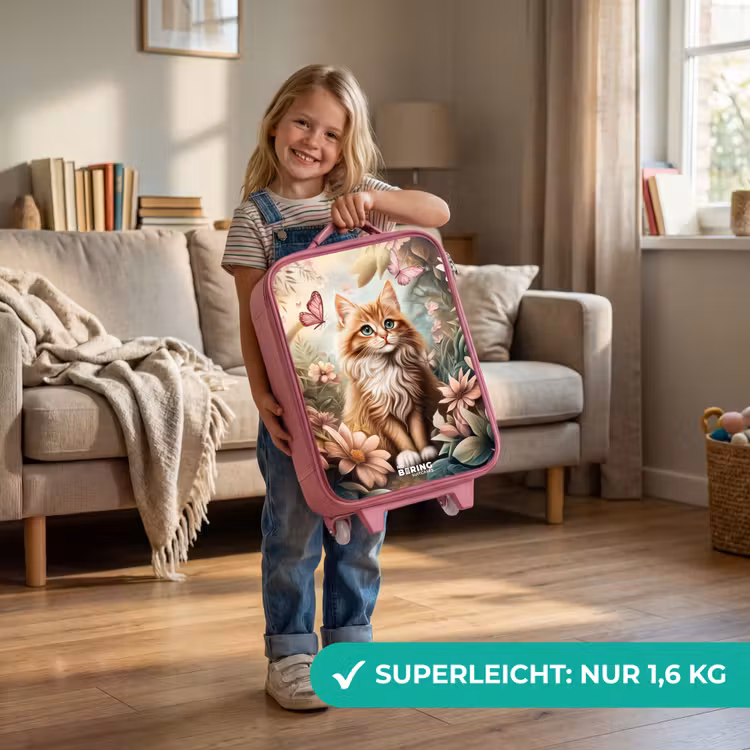 Kat in bloemenveld met roze vlinders. Kinderkoffer - Roze klein -sfeer2_DE