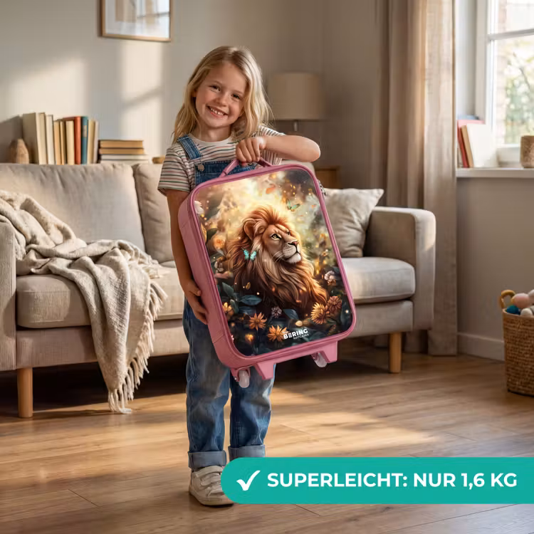 Leeuw met vlinders in bloemrijke jungle Kinderkoffer - Roze klein -sfeer2_DE