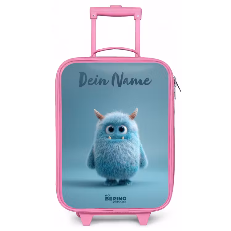 Blauw pluizig monster met hoorns Kinderkoffer - Roze klein -zz3dotto