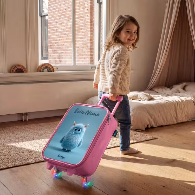 Blauw pluizig monster met hoorns Kinderkoffer - Roze klein -sfeer1