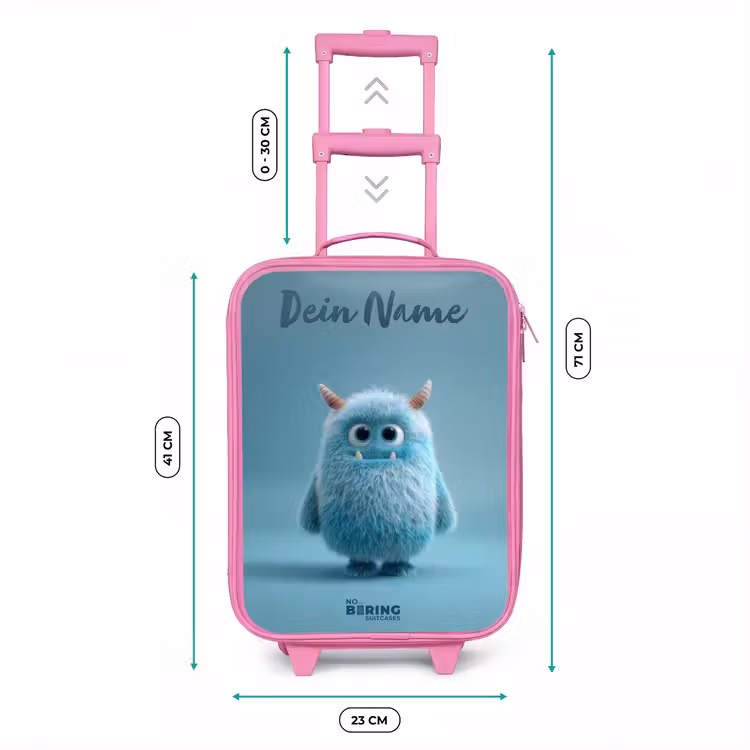 Blauw pluizig monster met hoorns Kinderkoffer - Roze klein -productfoto_formaten