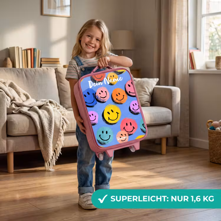 Een speels en kunstzinnig patroon van kleurrijke smileys Kinderkoffer - Roze klein -sfeer2_DE