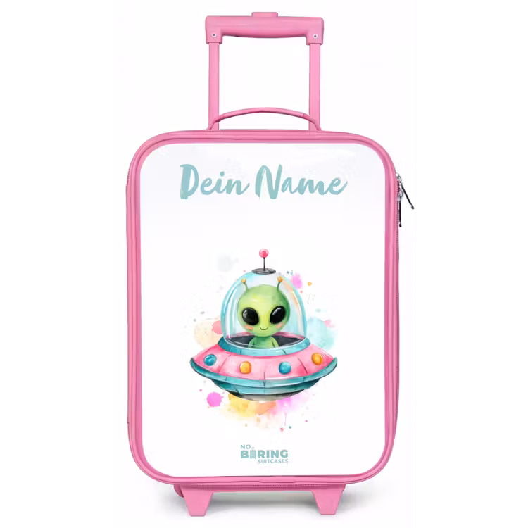 Groene alien in kleurrijke UFO Kinderkoffer - Roze klein -zz3dotto