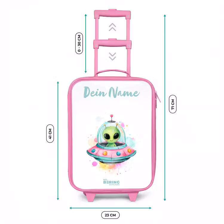Groene alien in kleurrijke UFO Kinderkoffer - Roze klein -productfoto_formaten