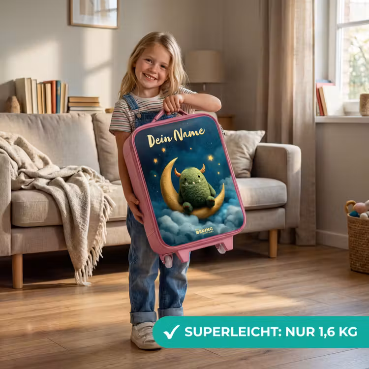 Groen monster op maansikkel Kinderkoffer - Roze klein -sfeer2_DE