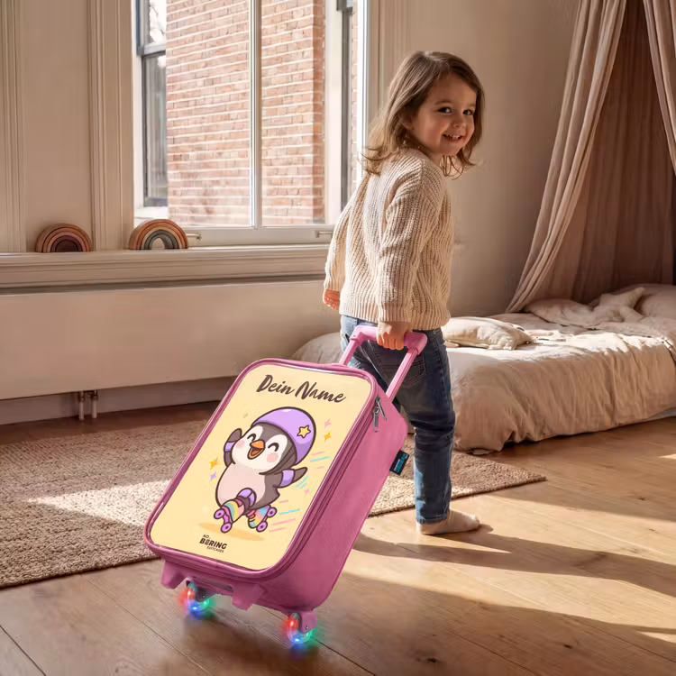 Kawai - Pinguin - Rolschaatsen Kinderkoffer - Roze klein -sfeer1