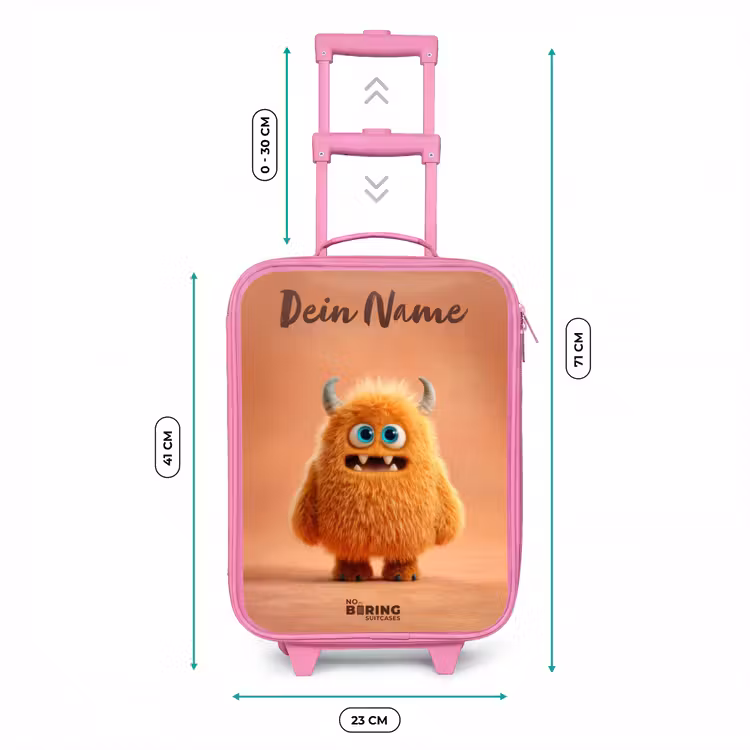 Oranje Pluizig Monster met Hoorns Kinderkoffer - Roze klein -productfoto_formaten