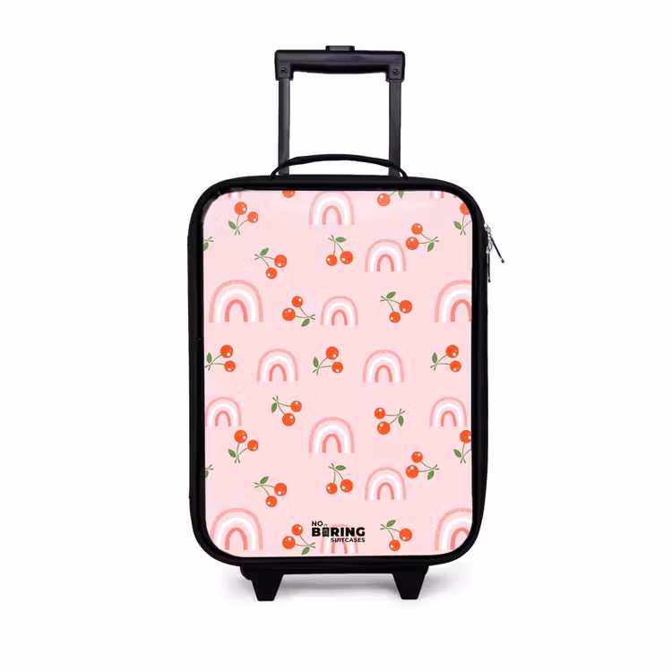 Roze met regenboog en kersen patroon Kinderkoffer - Zwart klein -3d