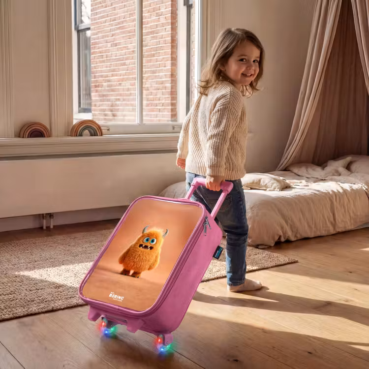 Oranje Pluizig Monster met Hoorns Kinderkoffer - Roze klein -sfeer1
