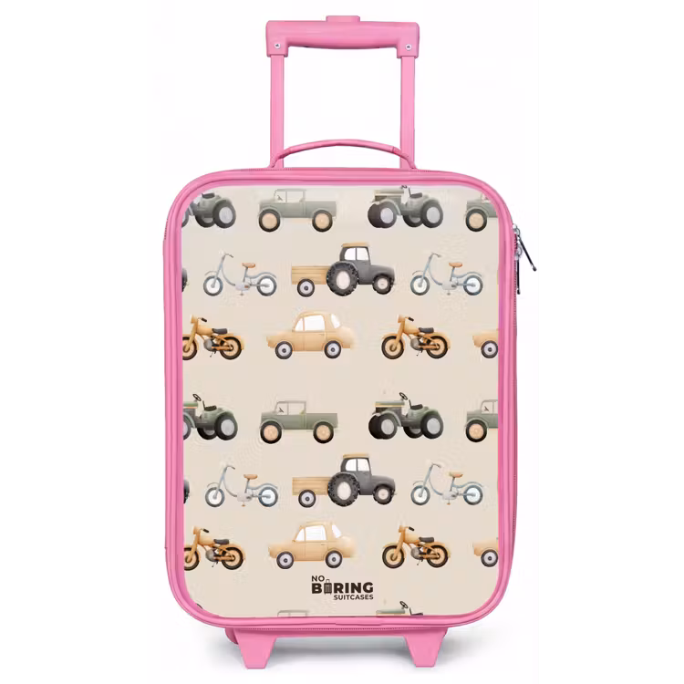 Retro voertuigen patroon Kinderkoffer - Roze klein -zz3dotto