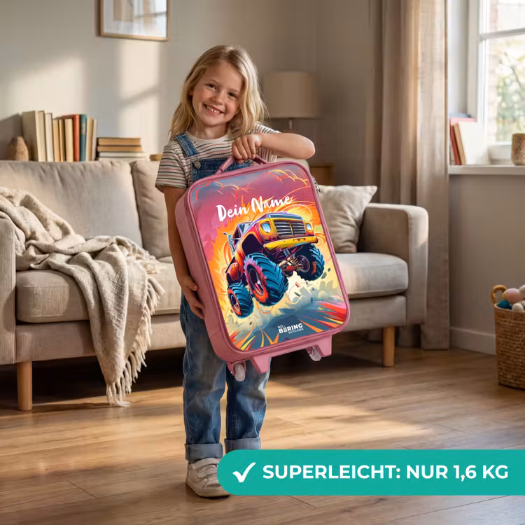 Roze Monstertruck Vliegt over het Asfalt Kinderkoffer - Roze klein -sfeer2_DE