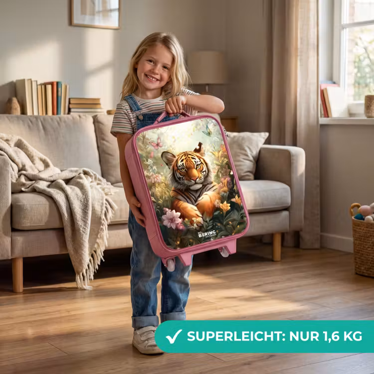 Tijger in bloemenveld met vlinders en zonlicht Kinderkoffer - Roze klein -sfeer2_DE